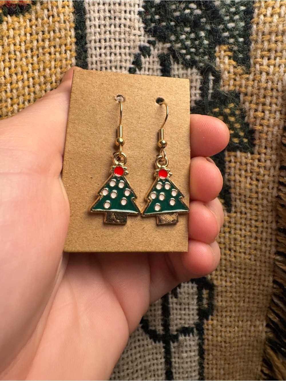 Gold-Tone Green Christmas Tree Drop Earrings